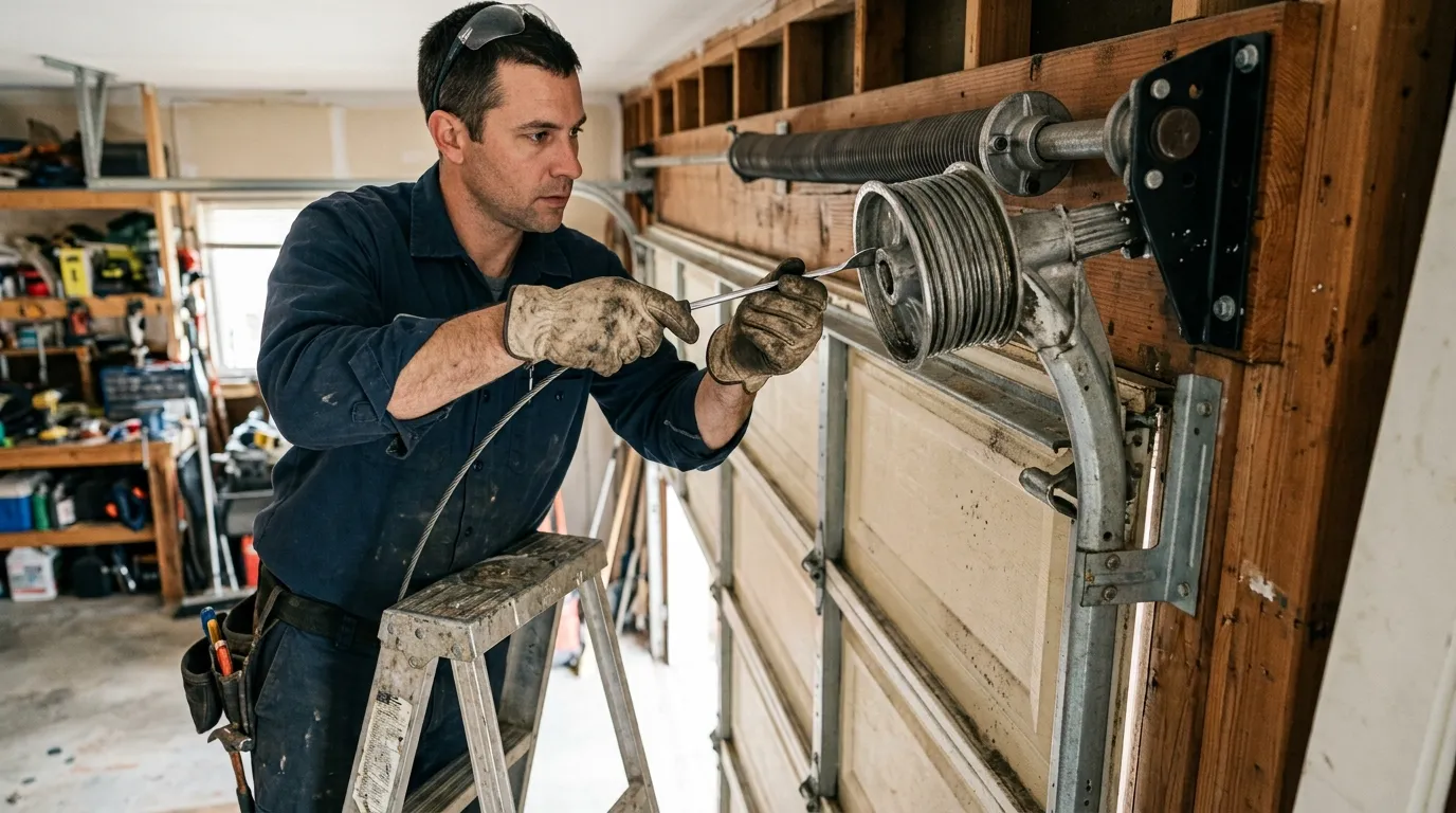 Garage door technician repairing a residential garage door in Frisco Texas