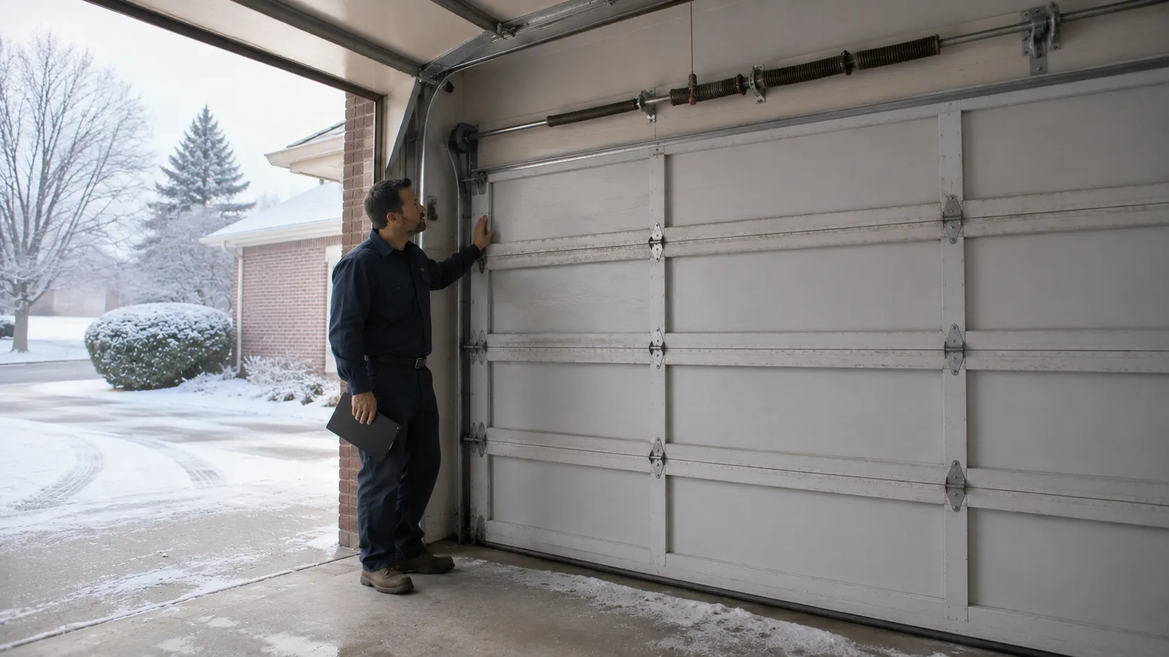 Garage door detail illustrating when a spring goes in cold weather here in frisco