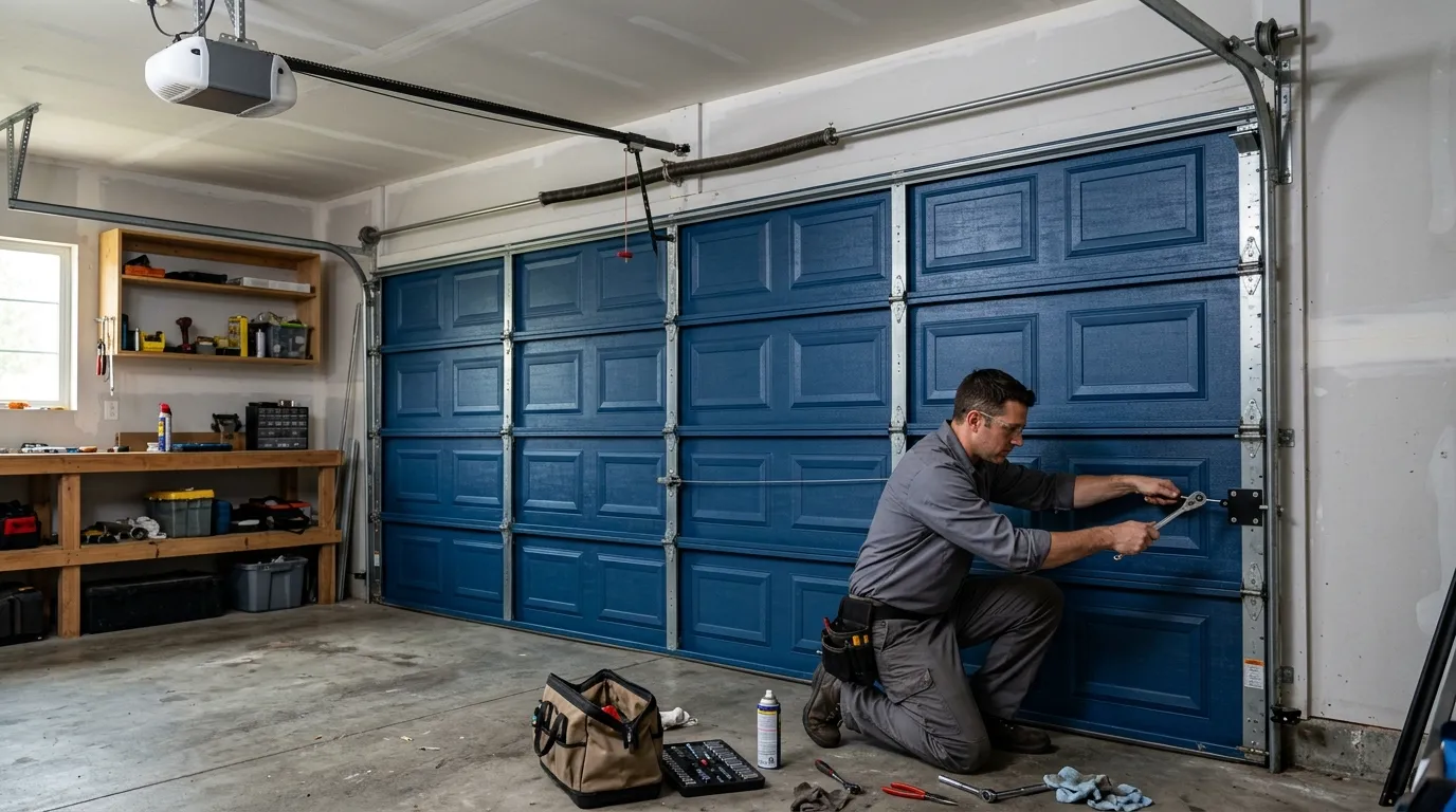Garage door technician inspecting springs tracks rollers and opener